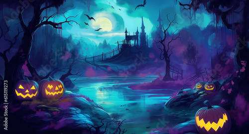 Pumpkins In Graveyard In The Spooky Night - Halloween Backdrop. Spooky scary Halloween background for this Halloween 
