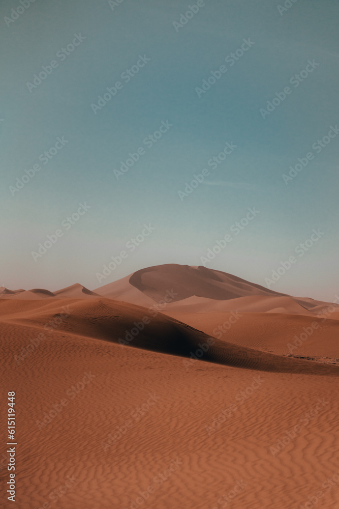 Sunlit sand dunes: A golden expanse shaped by wind, an oasis of tranquility and timeless allure under the radiant sun.