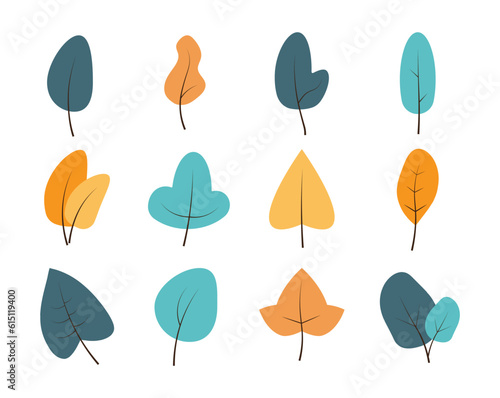 set of flat illustration of autumn colorful leaves, floral, plant, botanical isolated on white background. simple leaf shape in flat style for decoration. vector illustration