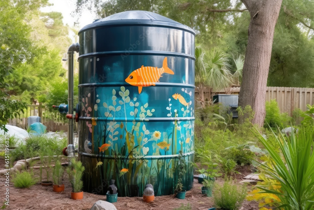 Big water tank reservoir in garden. Generative AI Big water tank reservoir in garden. Generative AI