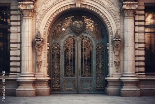 Vintage forged entrance with arch. Generative AI © kardaska