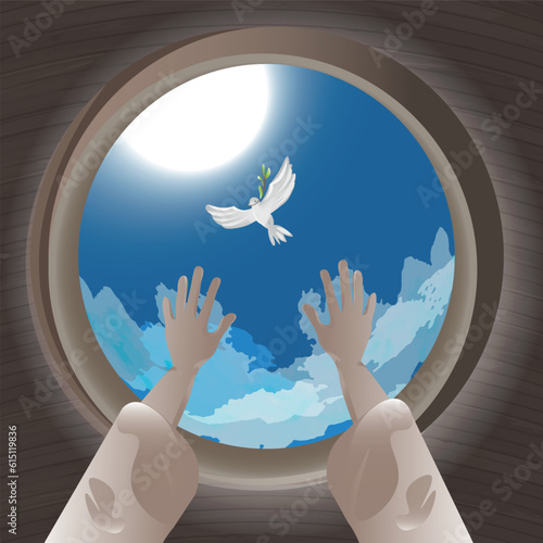 Noah and dove with olive brunch. Dove of peace.  Bible series. Illustration for Bible stories. Noah cartoon character. 