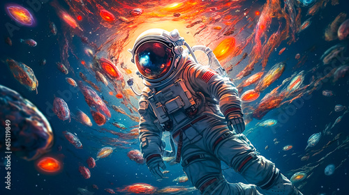 An astronaut floating in the vibrant cosmic galaxy and space, among the colorful celestial bodies. V2.