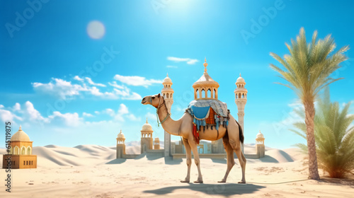 Close up of a Camel on desert with a mosque and palm tree sunny day blue sky with clouds, Eid ul Adha background