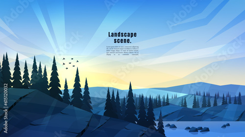 Vector illustration. Polygonal landscape. Clear sky background. Lake by forest. Graphic blue modern ecology wallpaper. Abstract art. Minimalist style. Design element for web banner, website template