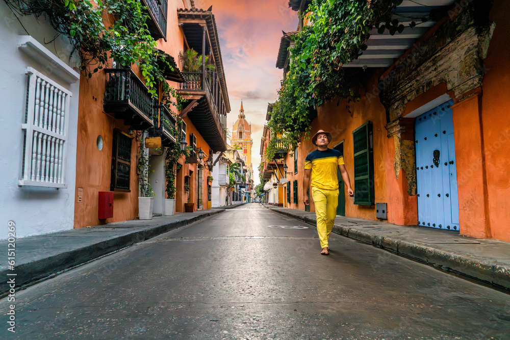 Afro latin tropical man walking in cartagena colombia colonial street