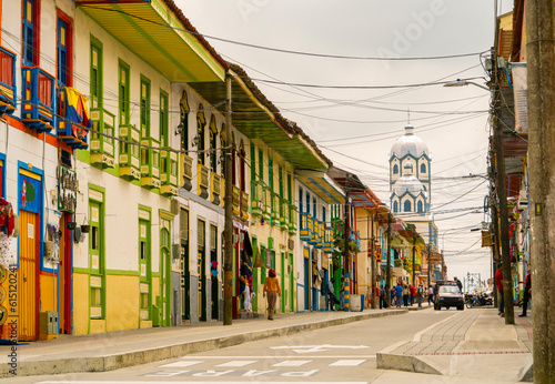 Colorful facade street in colonial town of Filandia Quindio colombia photo