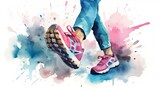 A close up of a pair of walking shoes. Modern style. Comfortable urban sports sneakers. Fashion trendy style. One step at a time. Generative AI. Illustration for print, poster, cover or brochure.