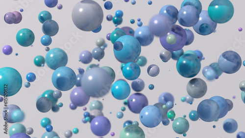 Blue, green, purple glossy balls flying. Abstract illustration, 3d render, close-up.