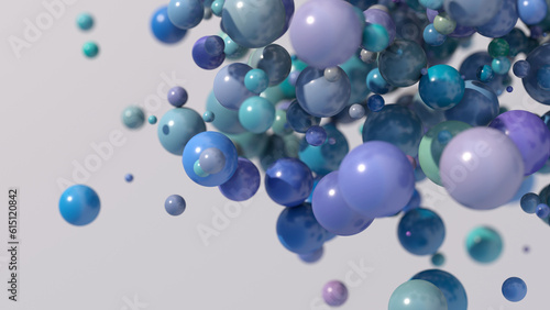 Blue, green, purple glossy balls flying. Abstract illustration, 3d render, close-up.