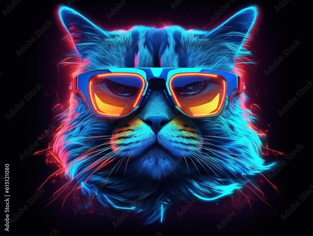 Stylish cat in trendy glasses in futuristic style and neon colors. Generative AI illustration. Printable design for t-shirts, mugs, cases, etc.