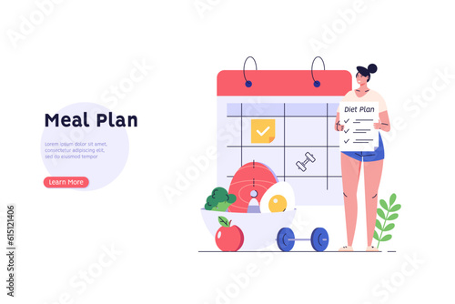 Diet plan illustration. Woman planning diet with calendar and fresh vegetable. Meal plan, nutrition consultation, balance diet. People control weight. Vector flat cartoon design for web banners, UI