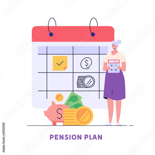 Elderly people choosing pension plan. Pensioner standing next to calculator and coins. Concept of pension savings, insurance pension, funded pension, investments. Vector flat cartoon design