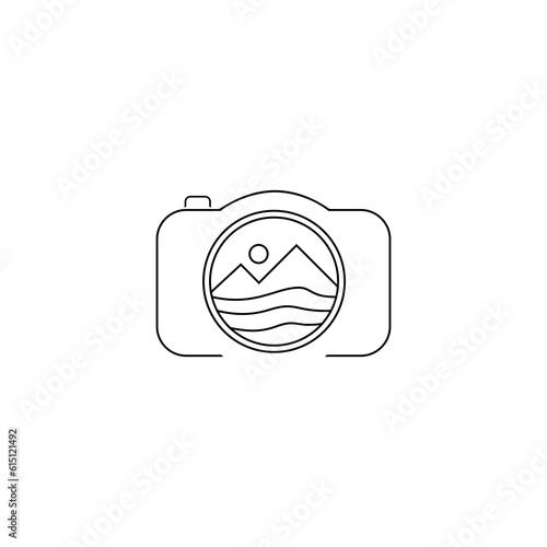 A line art icon logo of a camera with mountains
