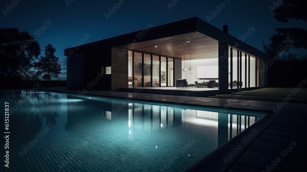 a luxury villa with an illuminated pool at night. Generative AI