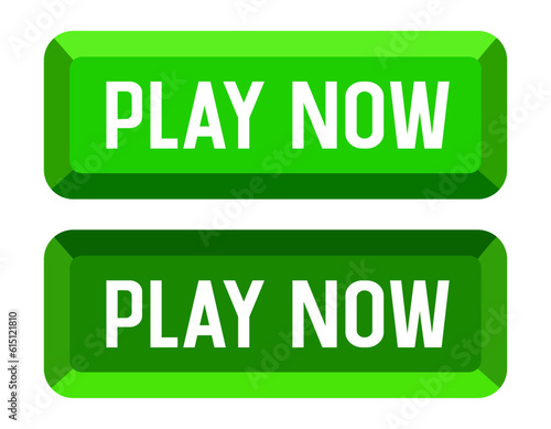 Two green Play Now buttons. Pressed button and not pressed button. 3d clipart isolated on white background.