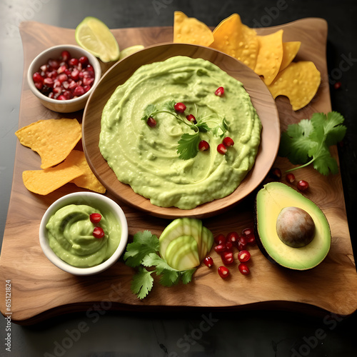 Avocado dip butter with pomegranate seeds, parsley and lime in bowl on a woodend serving board with nacho chips. Starter for party, finger food. Trendy food concept. Avocado butter with additions. AI