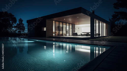 a luxury villa with an illuminated pool at night. Generative AI © jr-art
