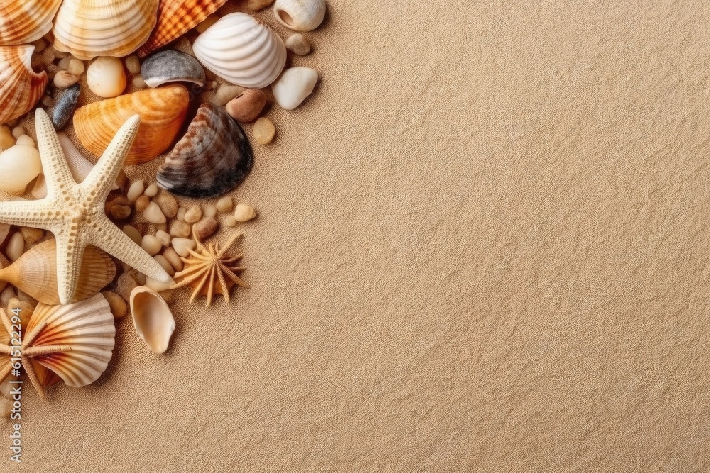 Sea shells with sand as background. Summer beach, ai generated Sea shells with sand as background. Summer beach, ai generated
