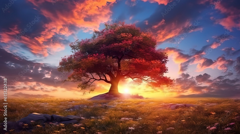 A colorful tree in a gorgeous field with a sunset. Generative ai.