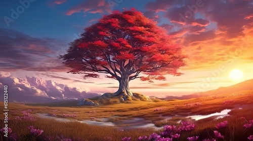 A colorful tree in a gorgeous field with a sunset. Generative ai. © MdTaher