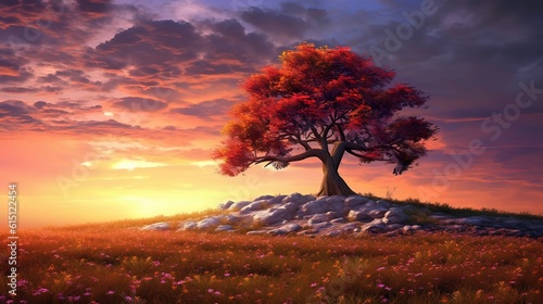 A colorful tree in a gorgeous field with a sunset. Generative ai.