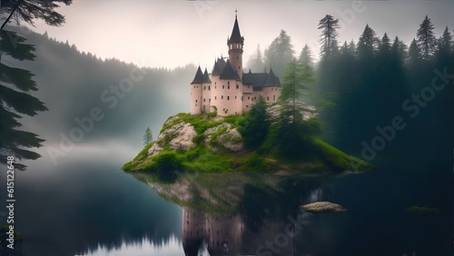 Beautiful landscape with a castle in the forest near the water against the backdrop of mountains and clouds.