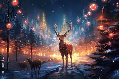 christmas deer christmas art Merry Christmas and Happy Holidays greeting card, frame, banner. New Year. Winter xmas holiday theme