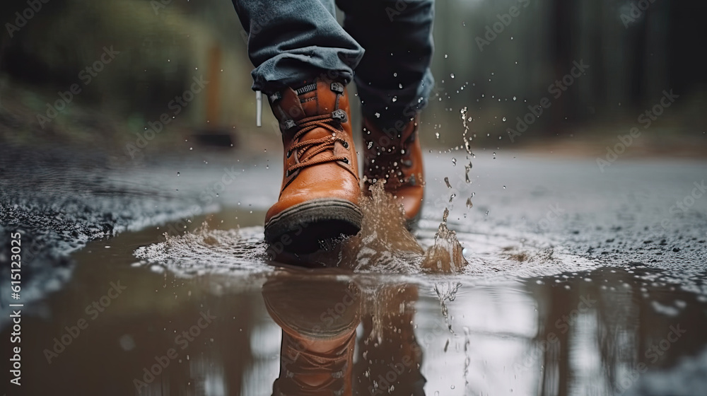 close up of a man with hiking boots jumping in a puddle. Generative AI close up of a man with hiking boots jumping in a puddle. Generative AI
