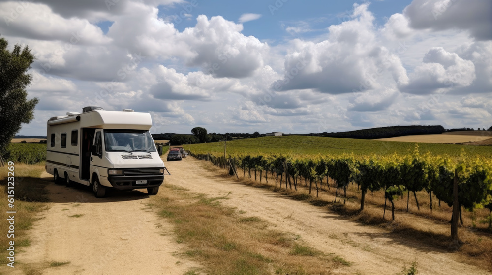 a camper van on a dirt road next to vineyards. Generative AI