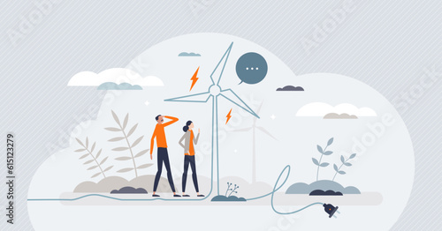Reusable energy and wind resource usage for electricity tiny person concept. Green and ecological power production with alternative methods vector illustration. Recyclable and sustainable windmill.