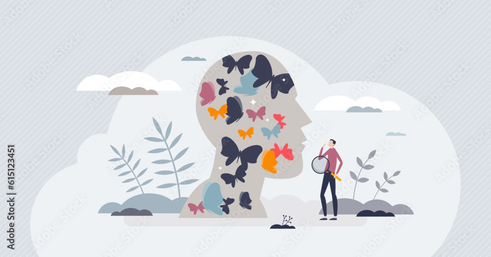 Mental health awareness and emotional inner self care tiny person concept. Psychology or psychotherapy research to help people solve mind problems vector illustration. Happy feelings after depression