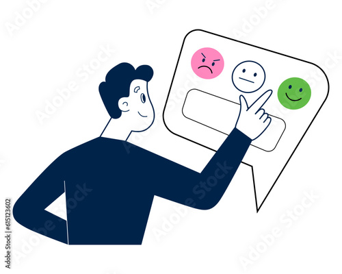 Customer leaves positive feedback in pop-up window, person decides between positive and negative review, points finger at rating scale, abstract interface, satisfied male customer, vector illustration