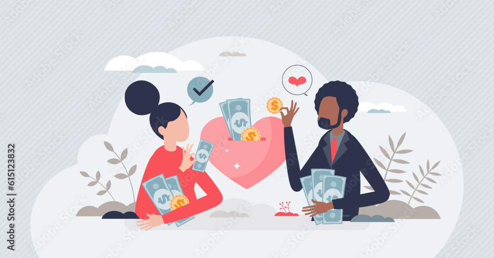 Financial planning for couples and saving for common goal tiny person concept. Marriage budget calculation or finance investment for future funds vector illustration. Save money for family home.