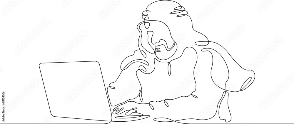 Arab with a laptop in his hand. Man in gutra and kandura. Arab in a headscarf. Laptop internet call. Eastern man. One continuous line. Linear.One continuous line drawn isolated, white background.