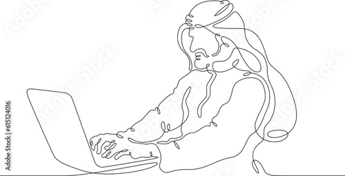 Arab with a laptop in his hand. Man in gutra and kandura. Arab in a headscarf. Laptop internet call. Eastern man. One continuous line. Linear.One continuous line drawn isolated, white background.