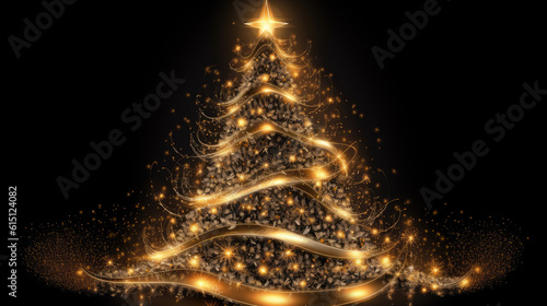 gold luminous christmas tree on black light background. Generative ai
