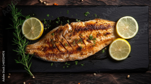 top shot of a grilled fish with lemon wedges. Generative AI