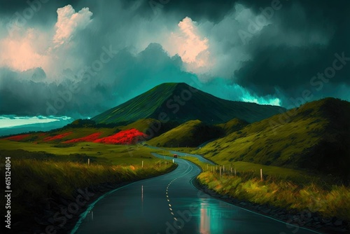 Mountain landscape with windy road in the distance, country side ,made with Generative AI