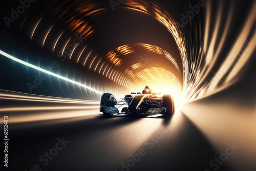 Sport racing car at high speed riding in illuminated road tunnel with neon lights ,made with Generative AI