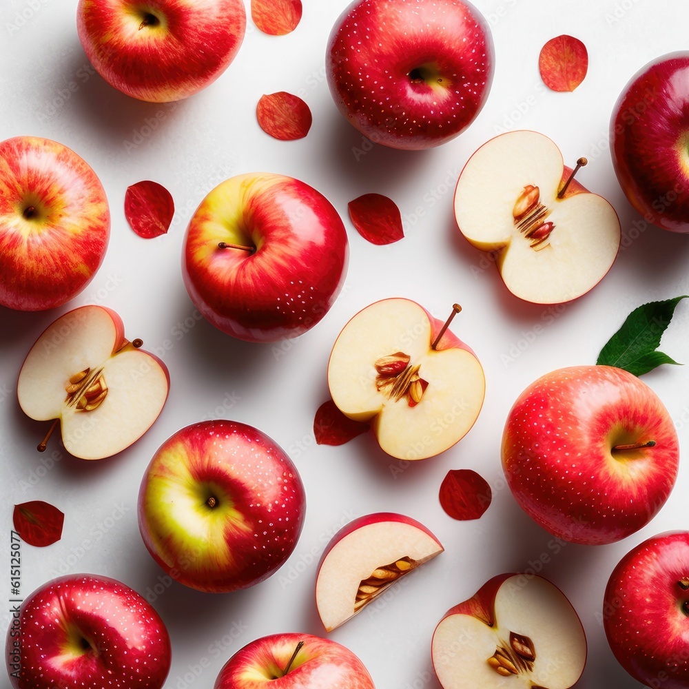Delicious red apples with leaves on white background ,made with Generative AI Delicious red apples with leaves on white background ,made with Generative AI