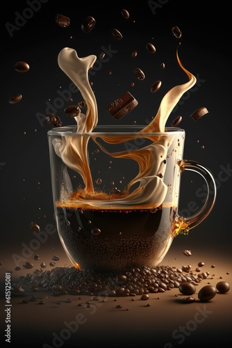 Splashes of iced coffee drink on a dark background ,made with Generative AI