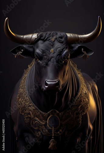 Portrait of a sophisticated black bull in formal attire ,made with Generative AI