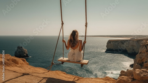 back view of a young woman on a swing by the sea. summer vacation concept. Generative AI