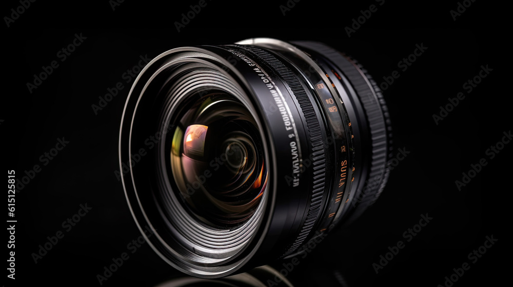 A camera lens isolated on black background. Generative AI