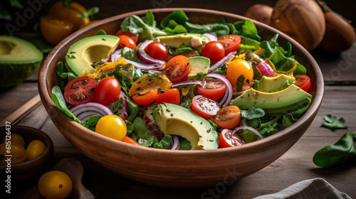 A bowl of colorful and nutritious salad with mixed greens, cherry tomatoes, and avocado slices