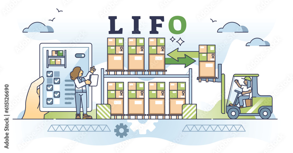 LIFO or last in, first out warehouse management system outline concept. Inbound and outbound pallet flow guidance for effective transportation or goods delivery vector illustration. Inventory control