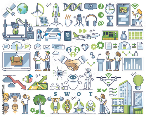 Business innovation, effective technological automation outline collection set. Elements with futuristic AI solutions, smart and creative tech solutions and partner collaboration vector illustration.