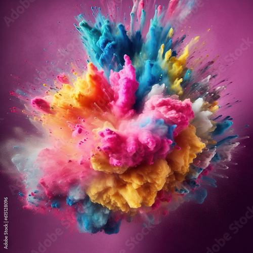 Explosion of colored powders on a purple background