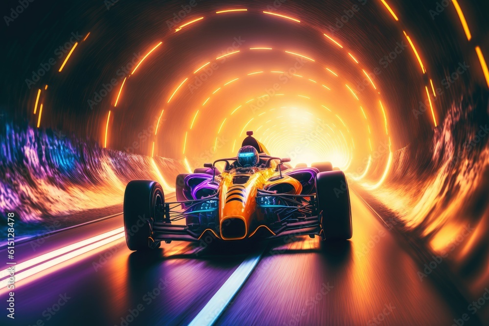 Sport racing car at high speed riding in illuminated road tunnel with neon lights ,made with Generative AI